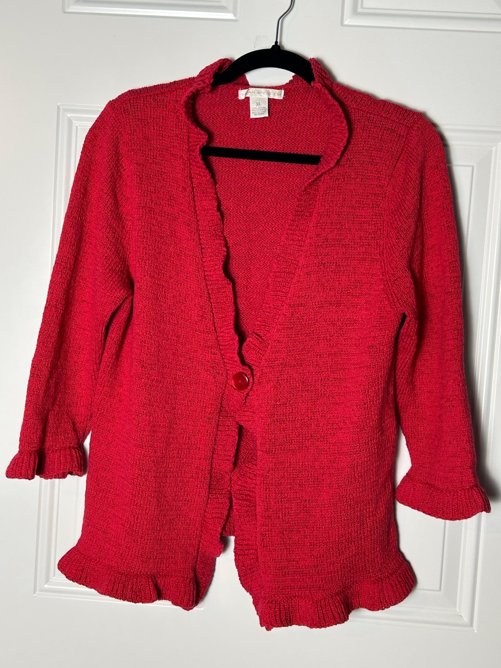 Bright Red Ruffle-Trim Cardigan Sweater Flared Cuffs One Button Closure XL Boho